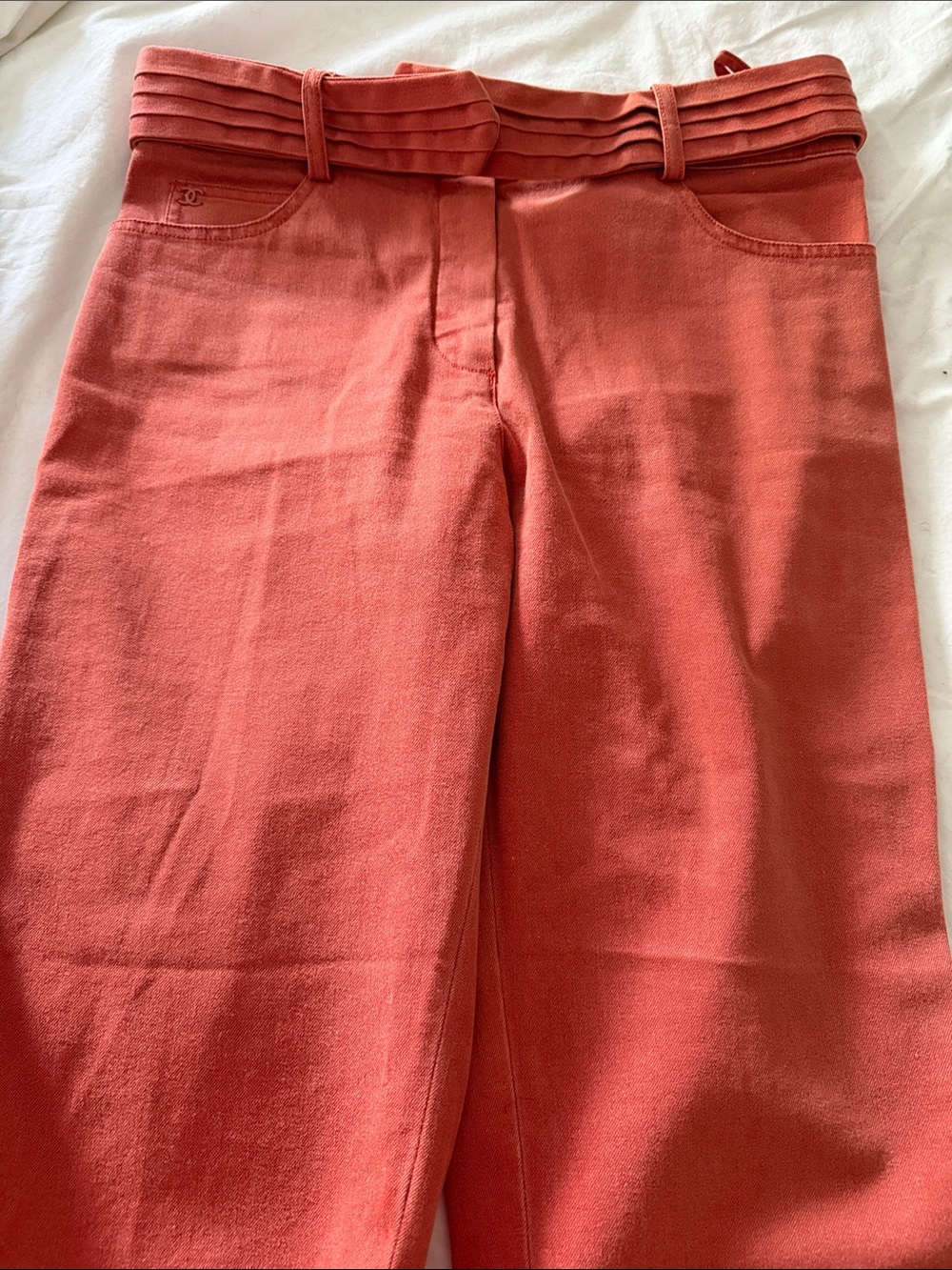 CHANEL S Coral High-Waist Pants with Pleated Waistband